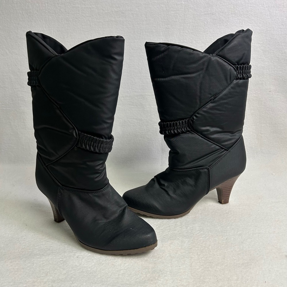 Vintage 80s Jacque Bechard Womens 8 Black Quilted Puffer Kitten Heel Boots